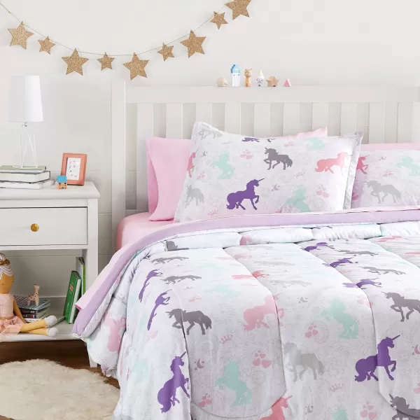 Amazon Basics Kids Easy Care Microfiber BedinaBag 7Piece Bedding Set FullQueen Purple Unicorns Solid  PrintedPurple Unicorns