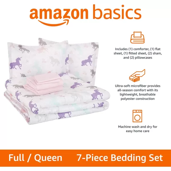 Amazon Basics Kids Easy Care Microfiber BedinaBag 7Piece Bedding Set FullQueen Purple Unicorns Solid  PrintedPurple Unicorns