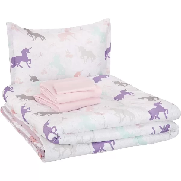Amazon Basics Kids Easy Care Microfiber BedinaBag 7Piece Bedding Set FullQueen Purple Unicorns Solid  PrintedPurple Unicorns