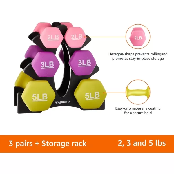 Amazon Basics Neoprene Coated Hexagon Workout Dumbbell Hand WeightRack with 3 Pairs 2  3  and 5 Pounds
