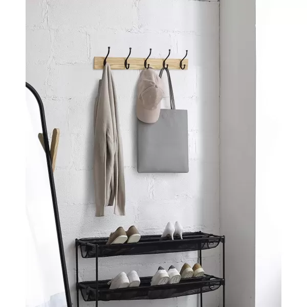 Amazon Basics Rectangular WallMounted Farmhouse Coat Rack 5 Hook Light WalnutNatural