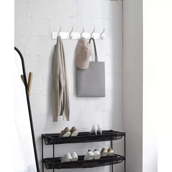 Amazon Basics Rectangular WallMounted Farmhouse Coat Rack 5 Hook Light WalnutWhite