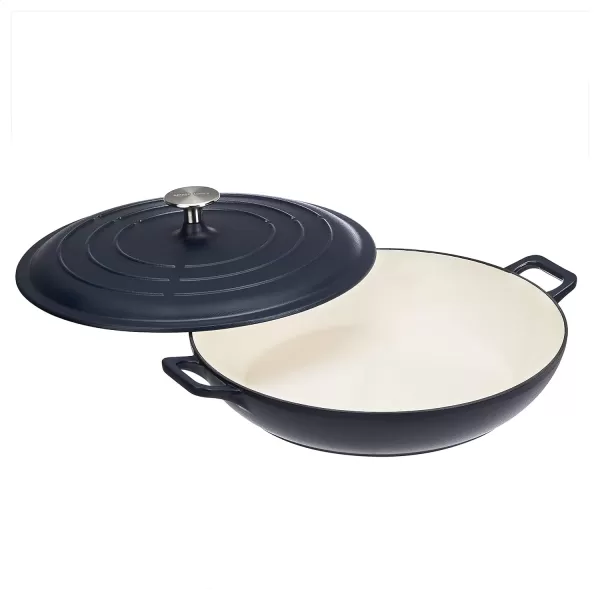 Amazon Basics Round Enameled Cast Iron Covered Casserole Skillet 33quart Matte NavyMatte Navy