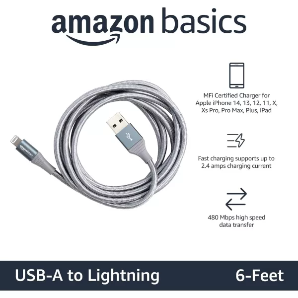 Amazon Basics USBA to Lightning Charger Cable Nylon Braided Cord MFi Certified Charger for Apple iPhone 14 13 12 11 X Xs Pro Pro Max Plus iPad 10000 Bend Lifespan 6 Foot Rose GoldDark Gray