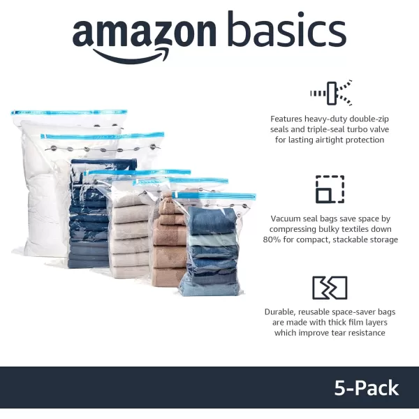 Amazon Basics Vacuum Compression Zipper Storage Bags With Hand Pump Medium 5Pack White Sky BlueLarge