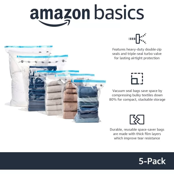 Amazon Basics Vacuum Compression Zipper Storage Bags With Hand Pump Medium 5Pack White Sky BlueMedium