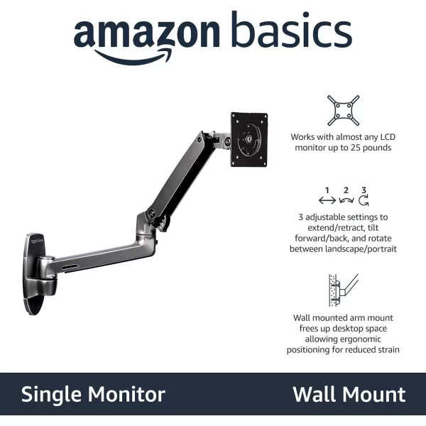 Amazon Basics Wall Mount Computer Monitor and TV Stand  Lift Engine Arm Mount Aluminum  BlackBlack