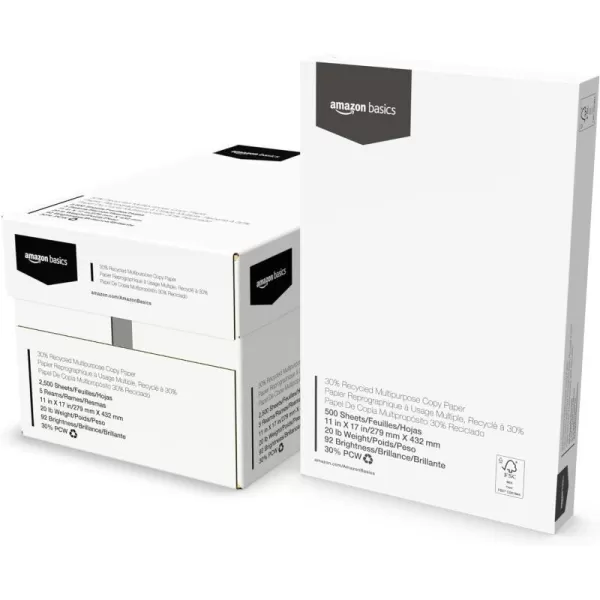 Amazon Basics  30 Recycled Multipurpose Copy Printer Paper 5 Reams 2500 Count 5 Packs of 500 11 x 17 White11 x 17 x 2