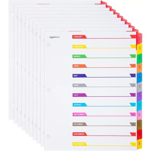 Amazon Basics 12 Tab Monthly Dividers for 3 Ring Binder Customizable Table of Contents Page Multicolor 10Pack12Tab