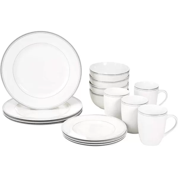Amazon Basics 16Piece Cafe Stripe Kitchen Dinnerware Set Plates Bowls Mugs Service for 4 BlueGray