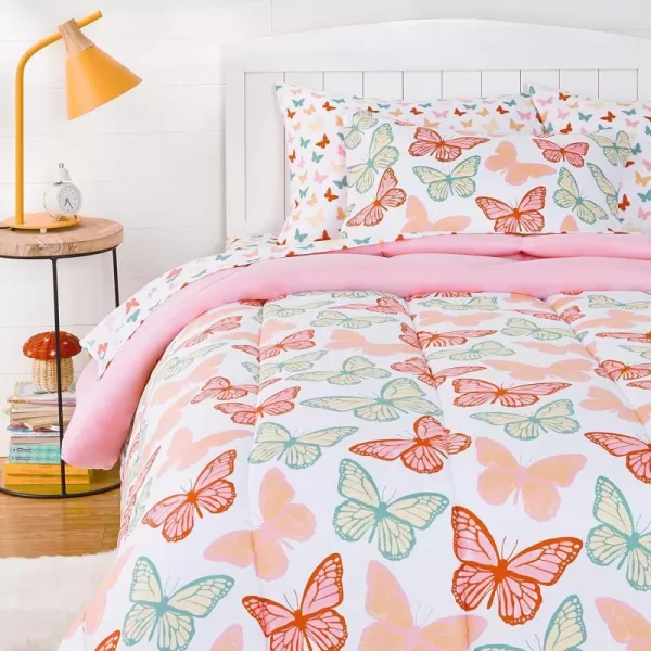 Amazon Basics Kids Easy Care Microfiber BedinaBag 7Piece Bedding Set FullQueen Purple Unicorns Solid  PrintedButterfly Friends