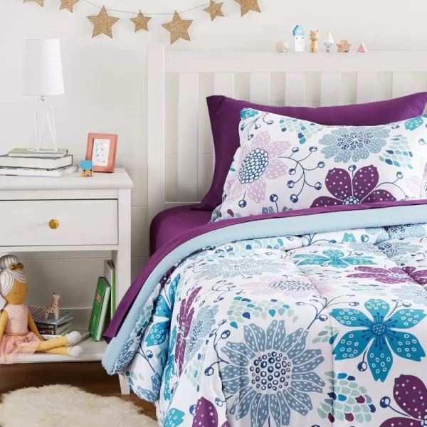 Amazon Basics Kids Easy Care Microfiber BedinaBag 7Piece Bedding Set FullQueen Purple Unicorns Solid  PrintedPurple Flowers