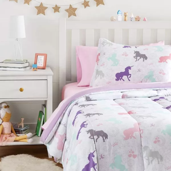 Amazon Basics Kids Easy Care Microfiber BedinaBag 7Piece Bedding Set FullQueen Purple Unicorns Solid  PrintedPurple Unicorns