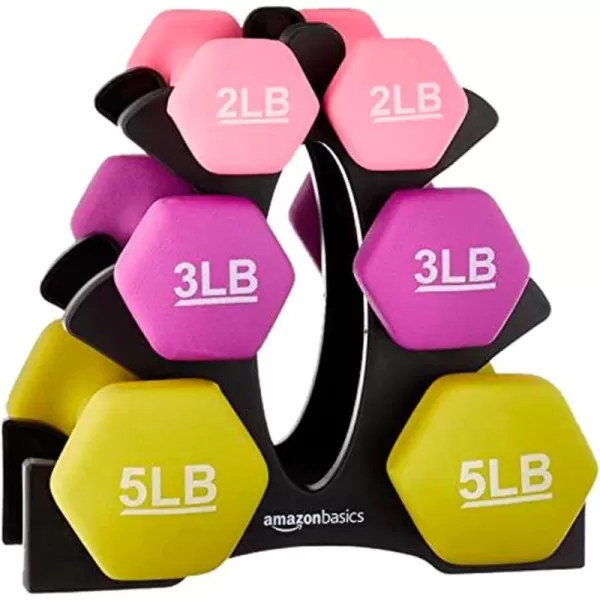 Amazon Basics Neoprene Coated Hexagon Workout Dumbbell Hand WeightRack with 3 Pairs 2  3  and 5 Pounds