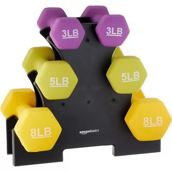Amazon Basics Neoprene Coated Hexagon Workout Dumbbell Hand WeightRack with 3 Pairs 3  5  and 8 Pounds