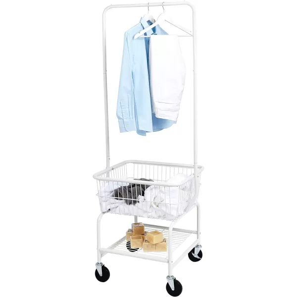 Amazon Basics Rectangular Laundry Hamper Basket Butler Cart with Wheels and Hanging Rack White