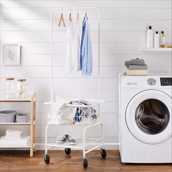Amazon Basics Rectangular Laundry Hamper Basket Butler Cart with Wheels and Hanging Rack White