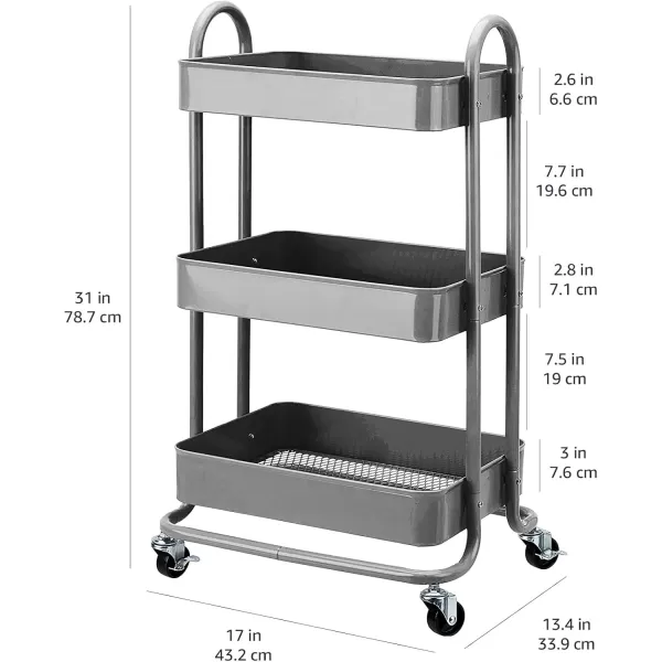 Amazon Basics 3Tier Rolling Cart with Wheels Utility or Kitchen  CharcoalCharcoal