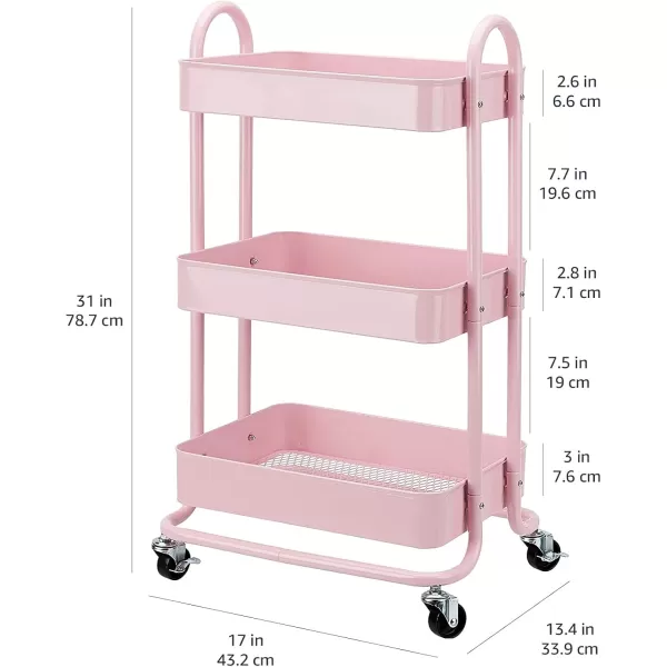 Amazon Basics 3Tier Rolling Cart with Wheels Utility or Kitchen  CharcoalDusty Pink