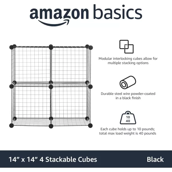 Amazon Basics 4 Cube Wire Grid Storage Shelves Stackable Cubes Black 14quot x 14quot x 14quotBlack