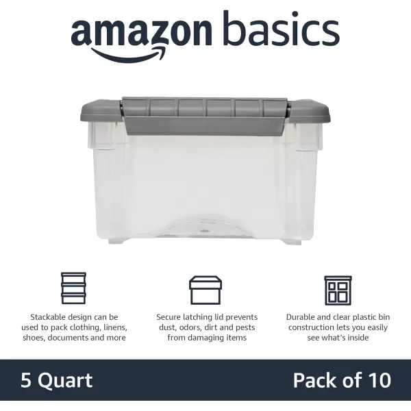 Amazon Basics 5 Quart Stackable Plastic Storage Container Bins with Secure Latching Lids for Home Organization ClearGrey Pack of 105 Qt  10 Pack