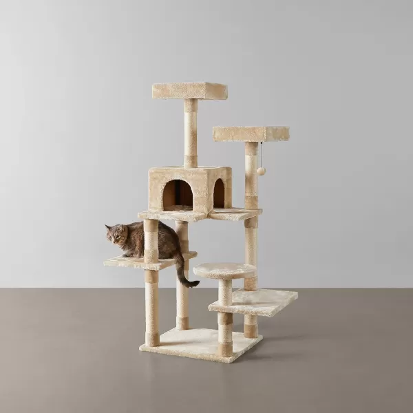 Amazon Basics Extra Large Cat Tree Tower with Condo  24 x 56 x 19 Inches BeigeBeige MultiPlatform Tree Tower