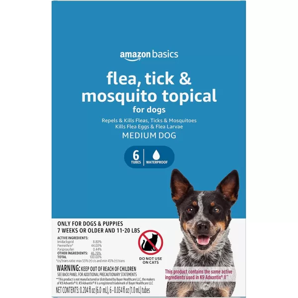 Amazon Basics Flea Tick amp Mosquito Topical for Medium Dog 1120 pounds 4 CountMedium Dogs 11  20 lbs 6 Count