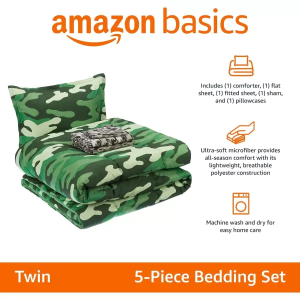 Amazon Basics Kids EasyWash Microfiber BedinaBag 5Piece Bedding Set Twin Dino FriendsCamo Crew Twin