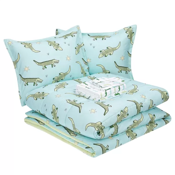 Amazon Basics Kids EasyWash Microfiber BedinaBag 5Piece Bedding Set Twin Dino FriendsGator Squad Queen