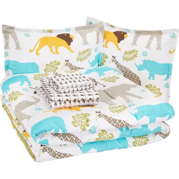 Amazon Basics Kids EasyWash Microfiber BedinaBag 5Piece Bedding Set Twin Dino FriendsMulti Zoo Animals Queen
