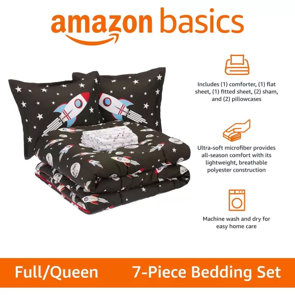 Amazon Basics Kids EasyWash Microfiber BedinaBag 5Piece Bedding Set Twin Dino FriendsSpace Rocket FullQueen