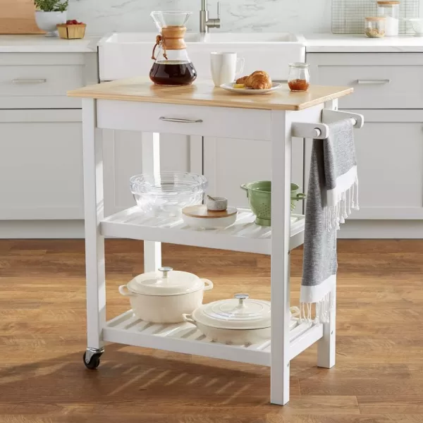 Amazon Basics Kitchen Island Cart with Storage Solid Wood Top and Wheels 354 x 18 x 365 inches Natural  WhiteNatural  White
