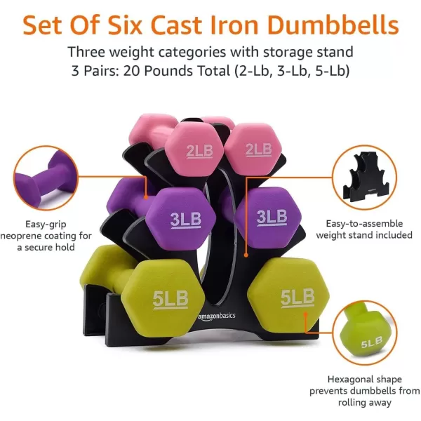 Amazon Basics Neoprene Dumbbell Hand WeightsRack with 3 Pairs 2  3  and 5 Pound