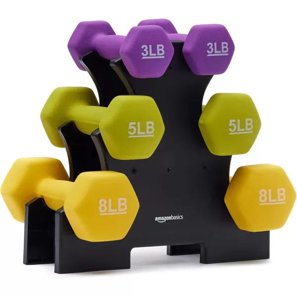 Amazon Basics Neoprene Dumbbell Hand WeightsRack with 3 Pairs 3  5  and 8 Pound