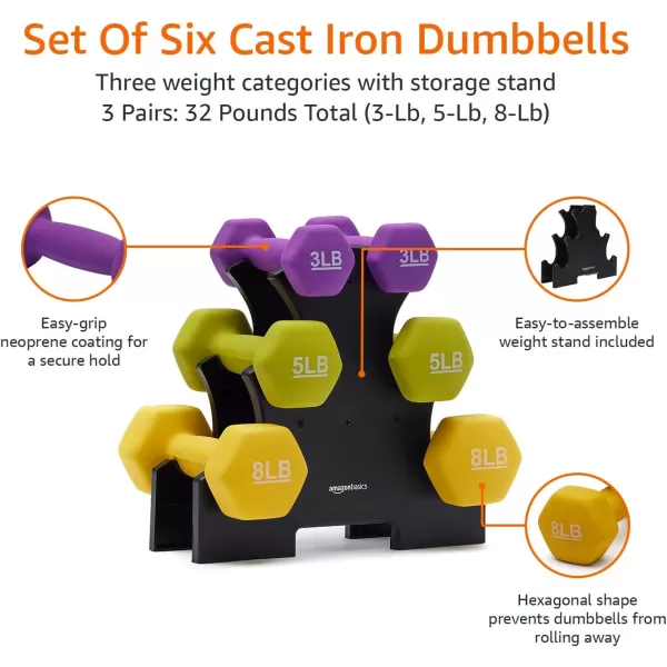 Amazon Basics Neoprene Dumbbell Hand WeightsRack with 3 Pairs 3  5  and 8 Pound