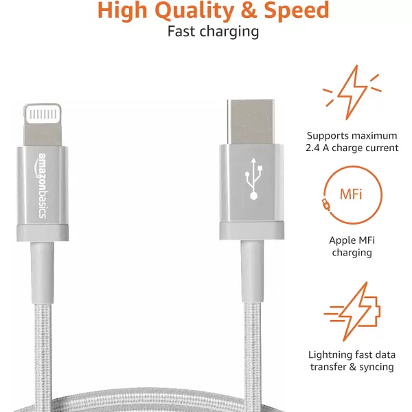 Amazon Basics USBC to Lightning Charger Cable Nylon Braided Cord MFi Certified Charger for Apple iPhone 14 13 12 11 X Xs Pro Pro Max Plus iPad 3 Foot Dark GraySilver