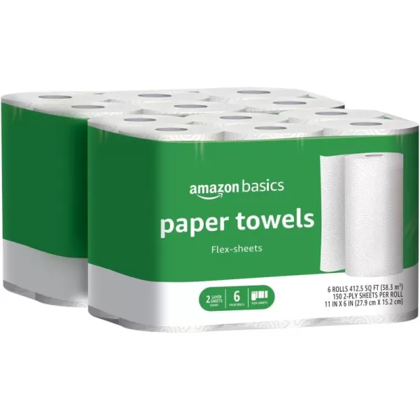 Amazon Basics 2Ply FlexSheets Paper Towels 12 Basics Rolls  32 Regular Rolls Everyday Value with 150 Sheets per Roll150 sheet Pack of 12