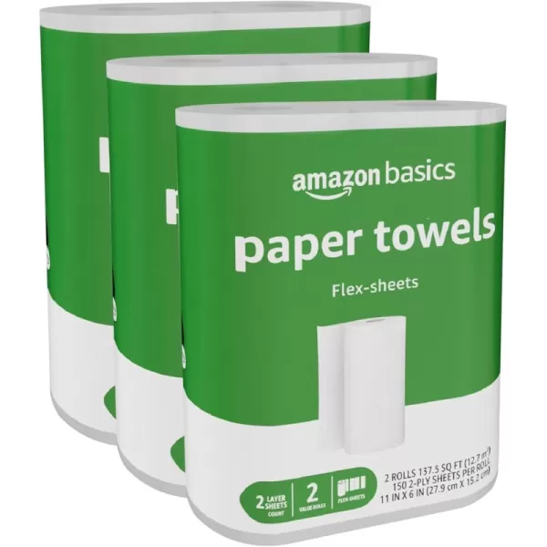Amazon Basics 2Ply FlexSheets Paper Towels 12 Basics Rolls  32 Regular Rolls Everyday Value with 150 Sheets per Roll150 sheet Pack of 6