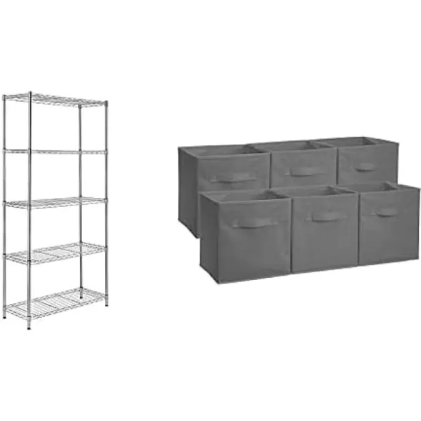 Amazon Basics 5Shelf Adjustable Heavy Duty Storage Shelving Unit Steel Organizer Wire Rack Chrome 36L x 14W x 72H ampamp Collapsible Fabric Storage Cubes Organizer with Handles Gray  Pack of 6