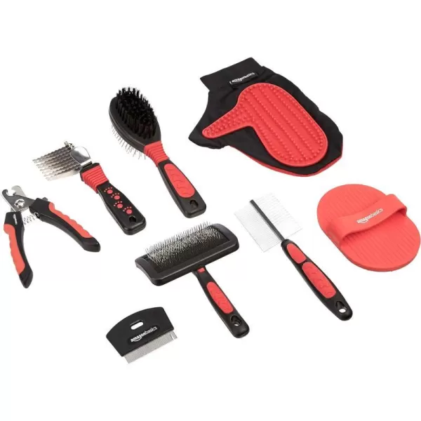 Amazon Basics Pet Grooming Set Brush Shedding Tool Comb Scissors Nail Clippers  8 in 1 Red8 in 1 Pet Grooming Set Red