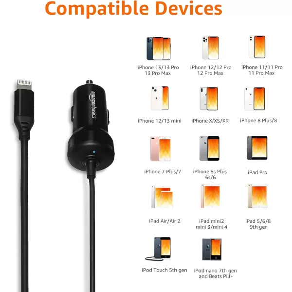 Amazon Basics 12W 5V 24A Car Charger with Lightning Cable Coiled for iPhone and Apple Devices 15 ft  BlackBlack 15 Feet Coiled