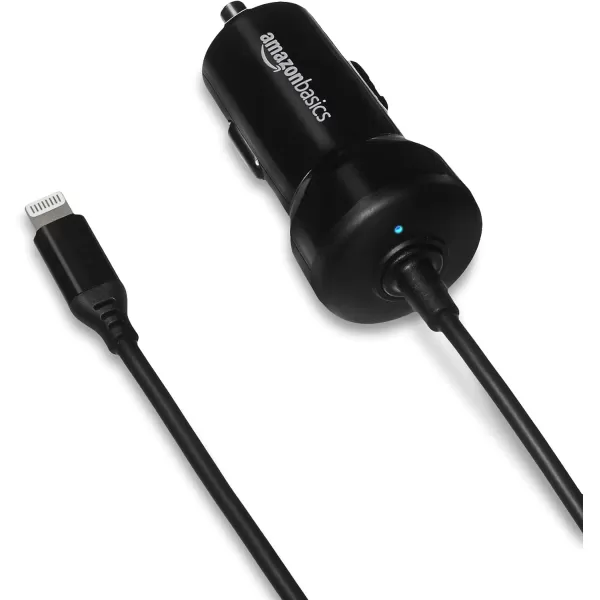 Amazon Basics 12W 5V 24A Car Charger with Lightning Cable Coiled for iPhone and Apple Devices 15 ft  BlackBlack 15 Feet Coiled