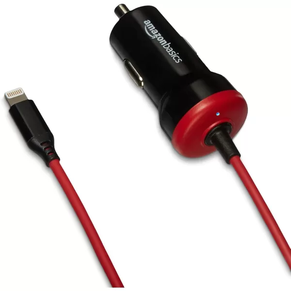 Amazon Basics 12W 5V 24A Car Charger with Lightning Cable Coiled for iPhone and Apple Devices 15 ft  BlackBlackRed 3 Feet Straight