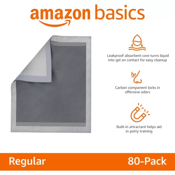 Amazon Basics Dog and Puppy Pee Pads with 5Layer LeakProof Design and QuickDry Surface for Potty Training OdorControl Carbon Regular Size 22 x 22 Inch  Pack of 80 GrayXLarge 50 Count
