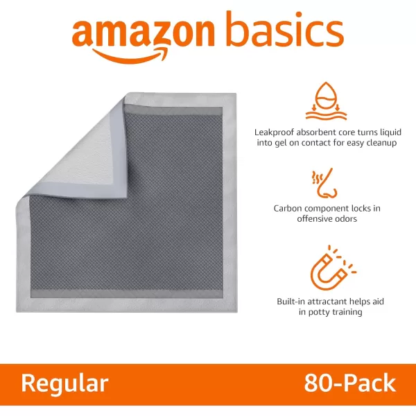 Amazon Basics Dog and Puppy Pee Pads with 5Layer LeakProof Design and QuickDry Surface for Potty Training OdorControl Carbon Regular Size 22 x 22 Inch  Pack of 80 GrayRegular 80 Count
