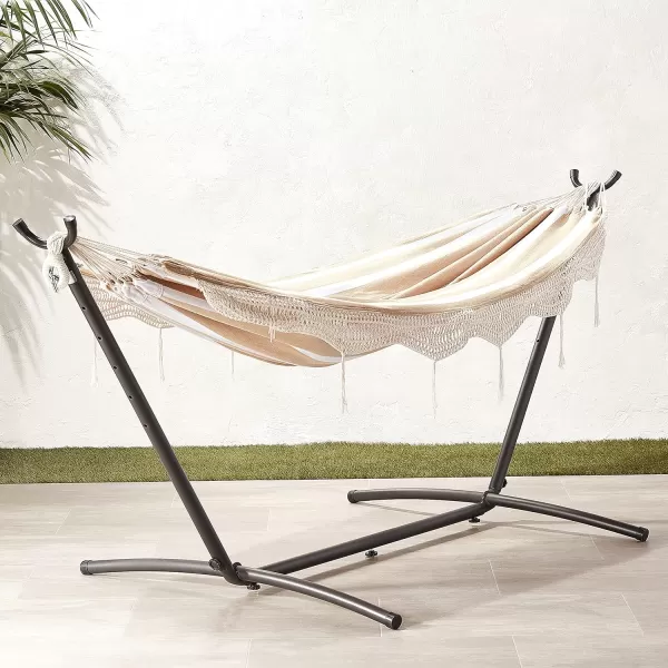 Amazon Basics Double Hammock with 9Foot Space Saving Steel Stand and Carrying Case 450 lb Capacity Sunset Orange Stripe 110 x 47 x 43 inchesBeige Stripe With Lace