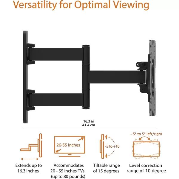 Amazon Basics Full Motion Articulating TV Monitor Wall Mount for 26 to 55 TVs and Flat Panels up to 80 Lbs Black26inch to 55inch TVs Articulating 16 inch Extension