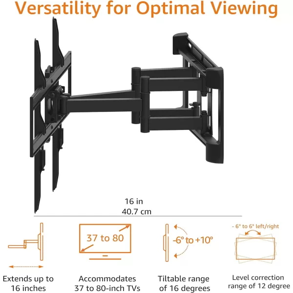 Amazon Basics Full Motion Articulating TV Monitor Wall Mount for 26 to 55 TVs and Flat Panels up to 80 Lbs Black37 to 80 Articulating 16 inch Extension