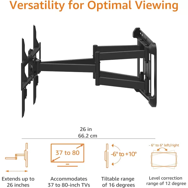 Amazon Basics Full Motion Articulating TV Monitor Wall Mount for 26 to 55 TVs and Flat Panels up to 80 Lbs Black37 to 80 Articulating 26 inch Extension
