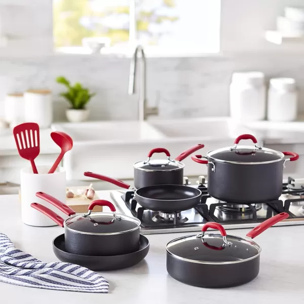 Amazon Basics Hard Anodized NonStick 12Piece Cookware Set Black  Pots Pans and UtensilsRed